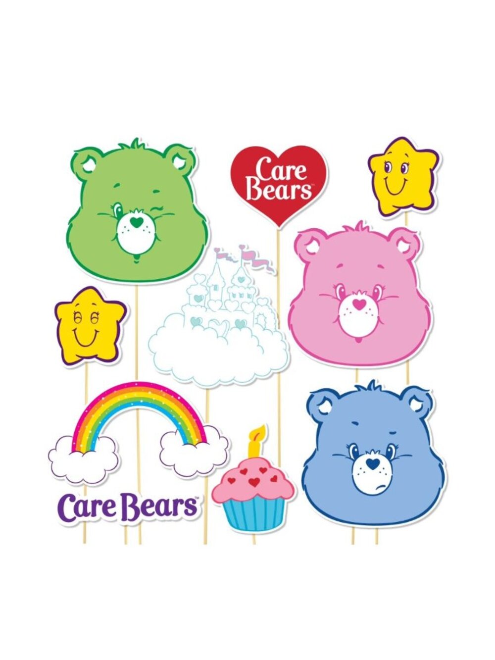 Care Bears Photo Props Set With 12 Themed Paper Props, Wooden Dowels & Tape For